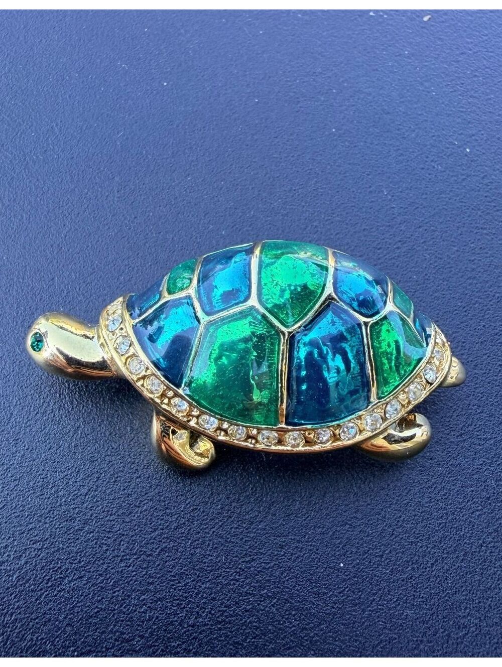 Vintage Sea Turtle Brooch Blue Green Enamel Rhinestone Pin - Picture 3 of 5